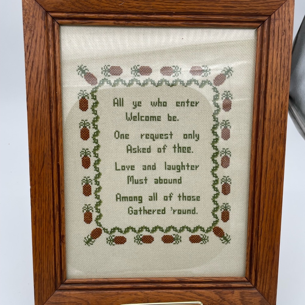 Welcoming Embroidered/Needlepoint Wall Art in Brown Frame